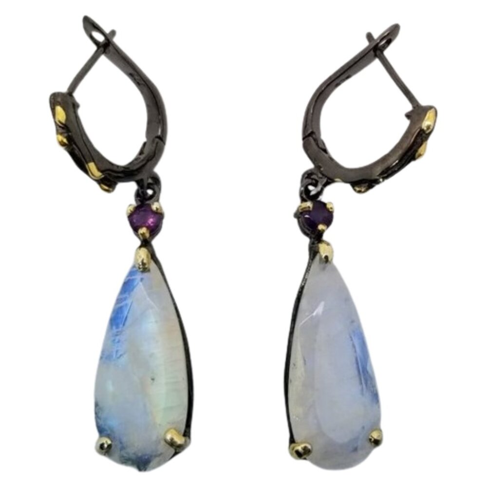 Super flash rainbow moonstone and amethyst earrings